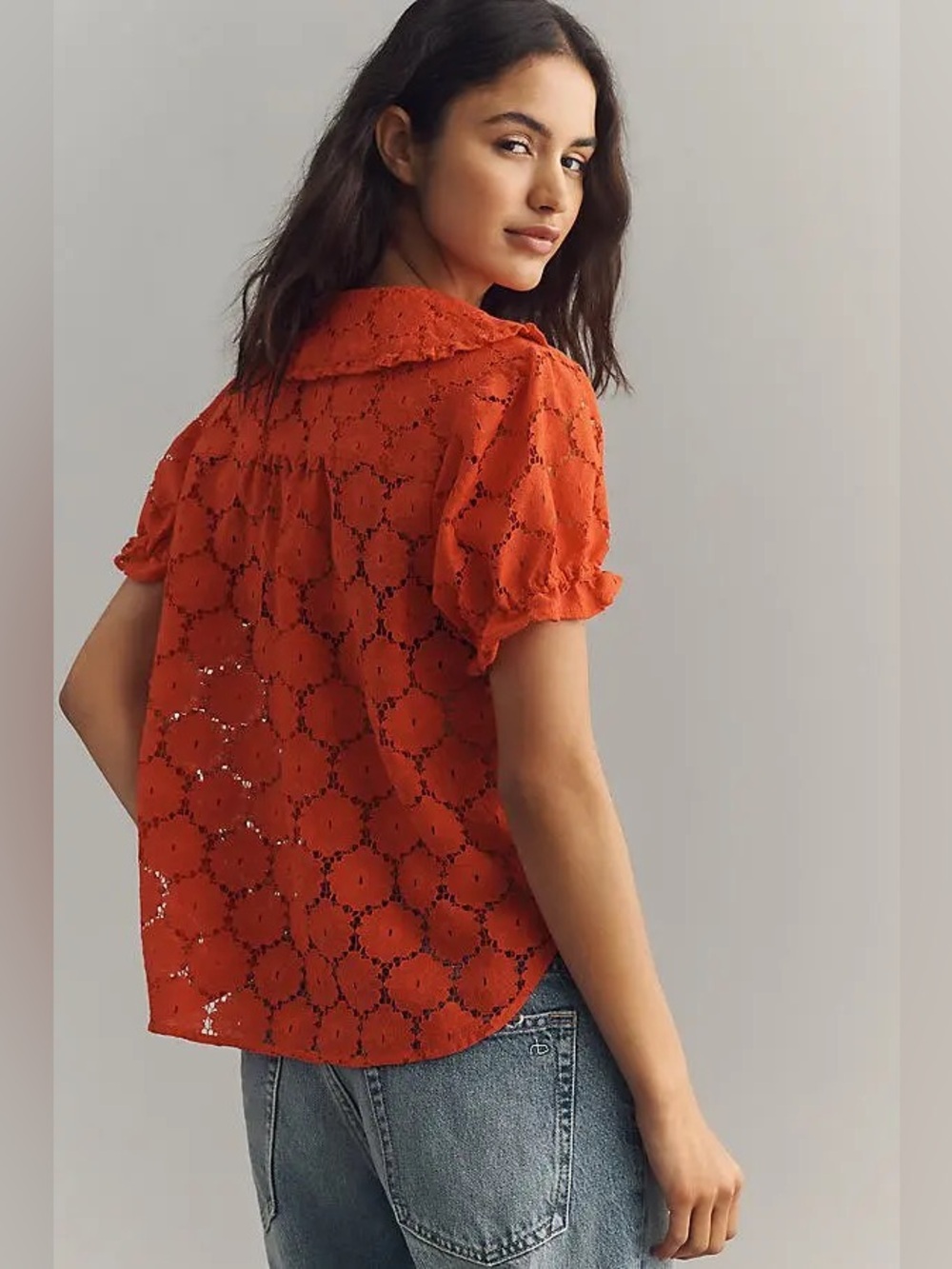 Pilcro Kierra Orange Eyelet Short-Sleeve Button-Front Top - Picture 2 of 5